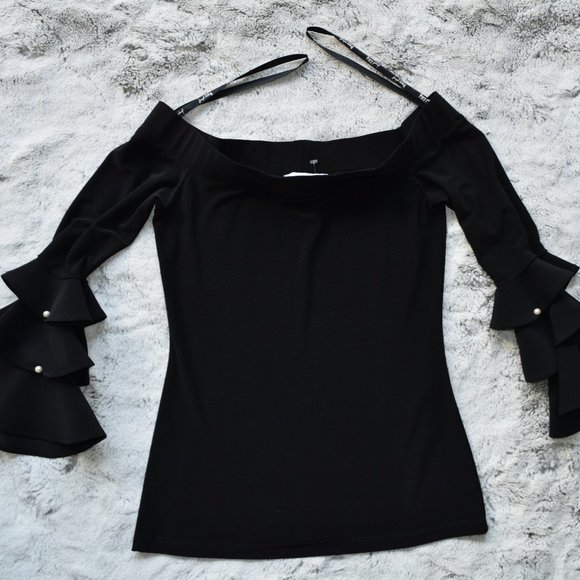 Joseph Ribkoff Black Off the Shoulder Blouse Top Shirt Size 2 Bell Sleev… - Picture 2 of 7